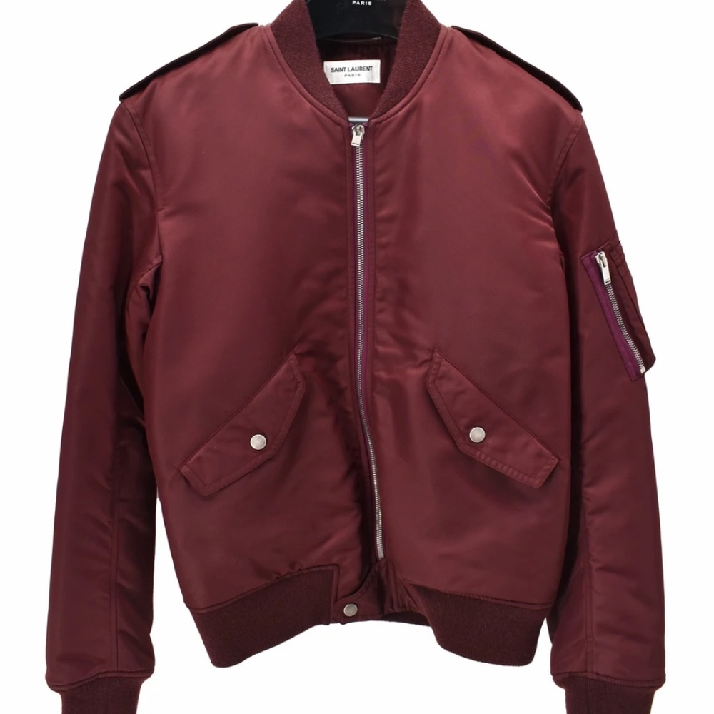 Saint Laurent Nylon Bomber Jacket in Burgundy